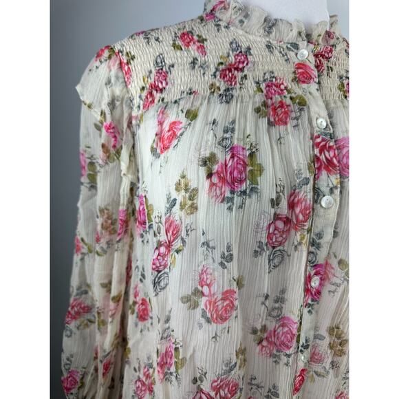 Sundance Amelia Floral Sheer Smocked Blouse Prairie Cottage Button Top Large - Picture 11 of 16